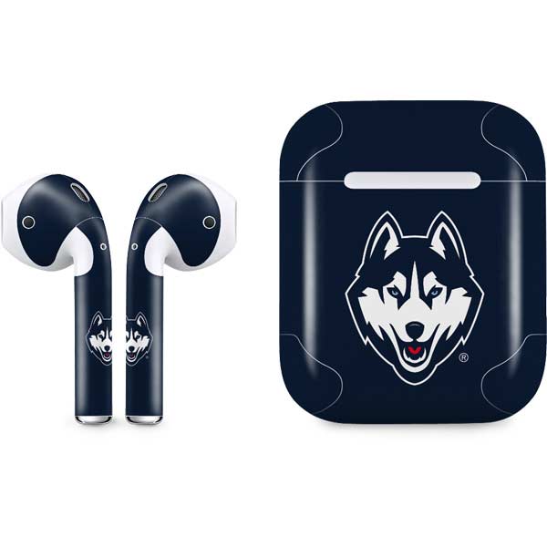 AirPods skin with dark navy Husky wolf logo on lid and earbud cases