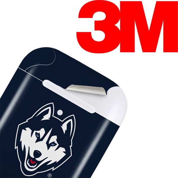 AirPods skin close-up showing navy earbud with Husky logo and white charging cutout